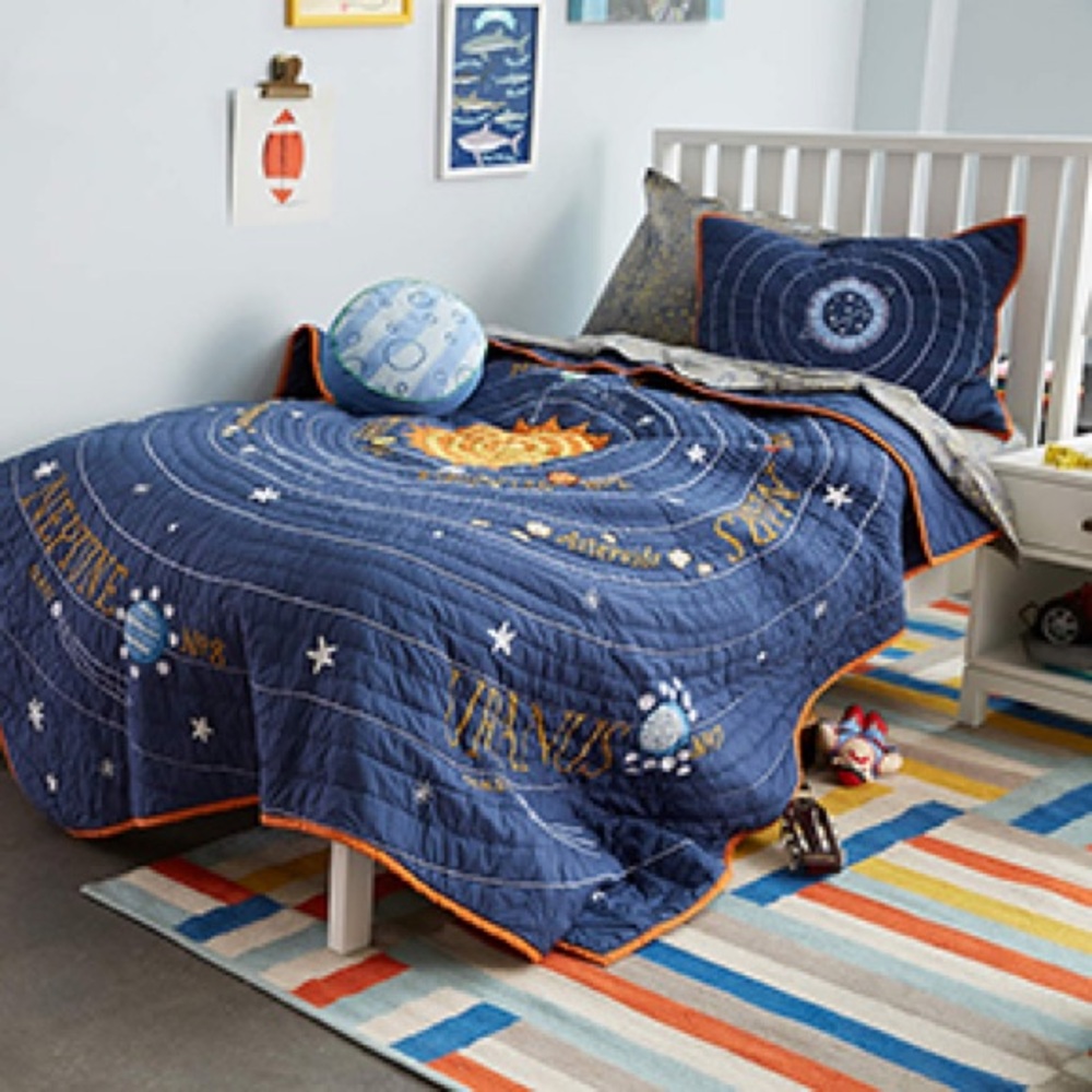 Crate&Barrel Navy Blue Solar System Quilted Kids Quilt with Orange Trim